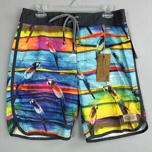 Third & Army Riviera Board Shorts Parrots No Stretch Back Pocket Cinch Fly